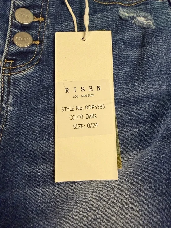 NWT Risen High Rise Button Fly Cropped Flare Jeans Stretchy Dark Wash Raw Hem - Picture 2 of 5